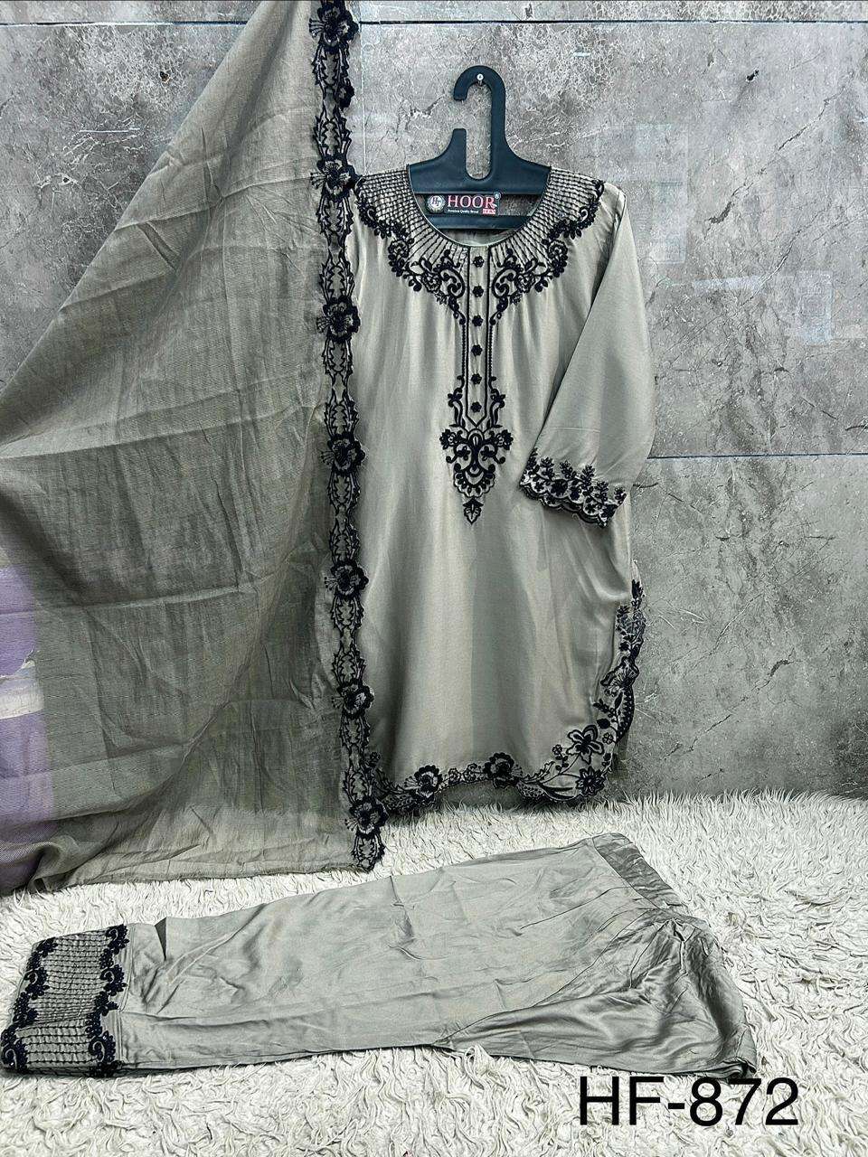 HOOR TEX HF 872 SATIN FABRIC FANCY WORKS READY MADE PAKISTANI SUIT