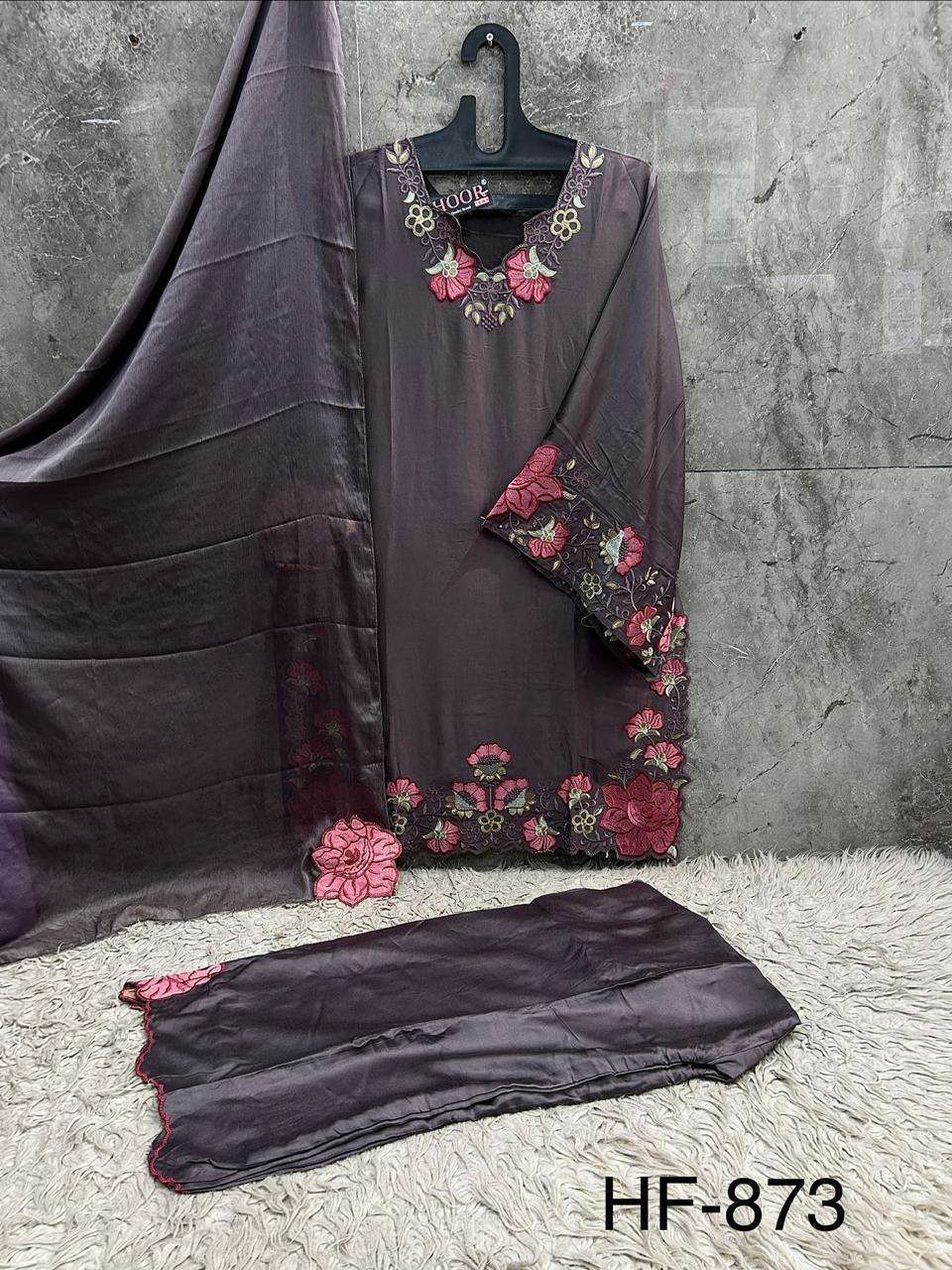 HOOR TEX HF 873 SATIN FANCY EMBROIDERY DESIGNER WORK READY MADE PAKISTANI SUIT