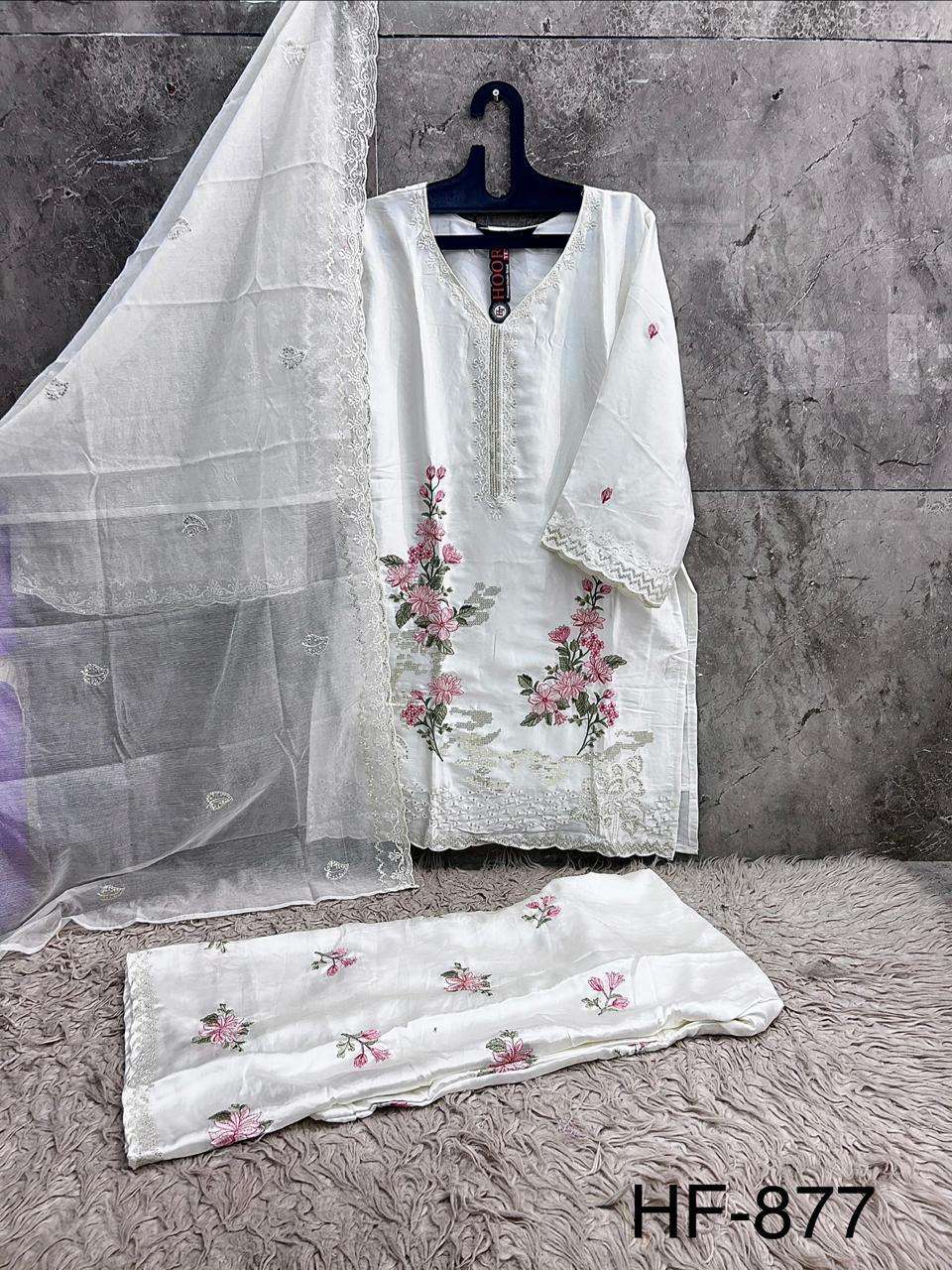 HOOR TEX HF 877 SATIN DIGITAL PRINT WITH DESIGNER WORK READY MADE PAKISTANI SUIT
