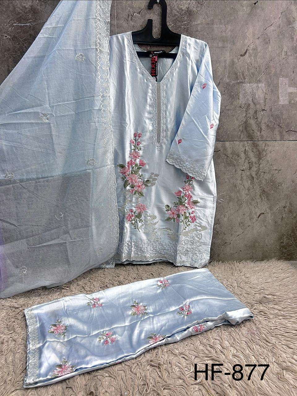 HOOR TEX HF 877 SATIN DIGITAL PRINT WITH DESIGNER WORK READY MADE PAKISTANI SUIT