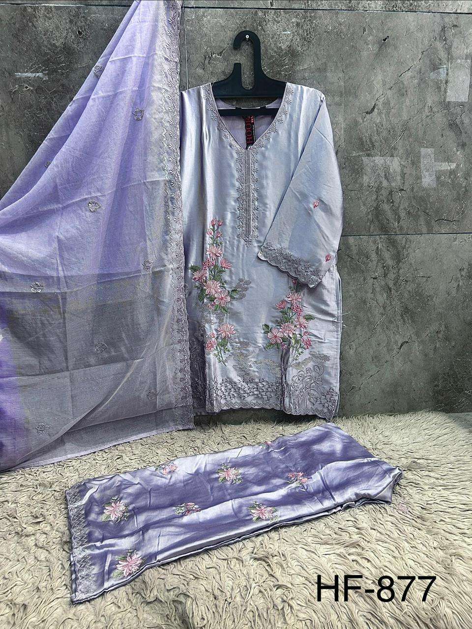 HOOR TEX HF 877 SATIN DIGITAL PRINT WITH DESIGNER WORK READY MADE PAKISTANI SUIT