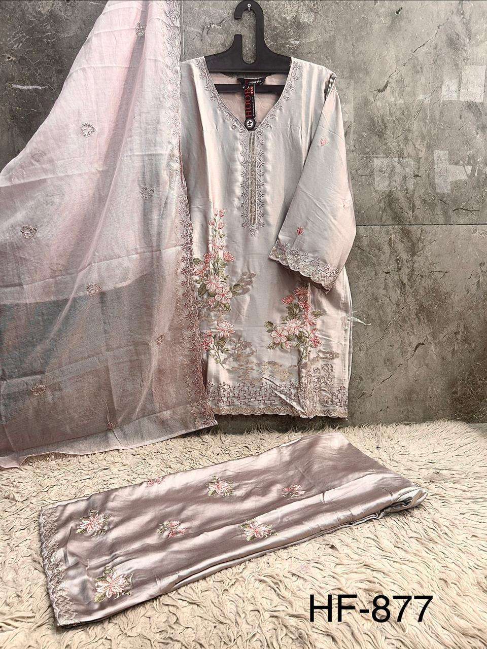 HOOR TEX HF 877 SATIN DIGITAL PRINT WITH DESIGNER WORK READY MADE PAKISTANI SUIT