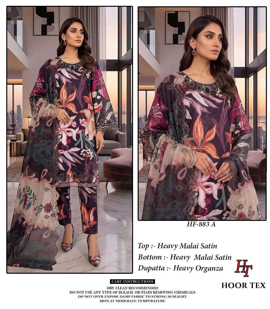 HOOR TEX HF 883 SATIN DIGITAL PRINT WITH FANCY WORK READY MADE PAKISTANI SUIT