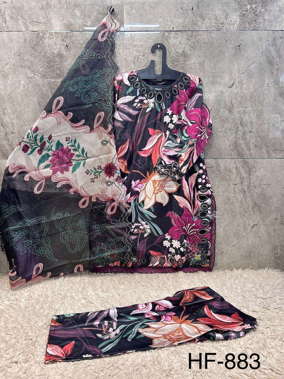 HOOR TEX HF 883 SATIN DIGITAL PRINT WITH FANCY WORK READY MADE PAKISTANI SUIT