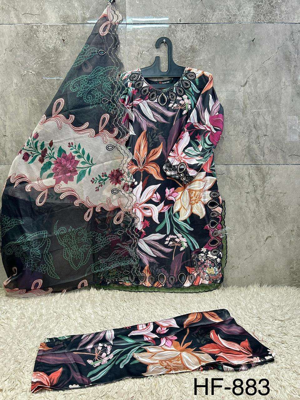 HOOR TEX HF 883 SATIN DIGITAL PRINT WITH FANCY WORK READY MADE PAKISTANI SUIT