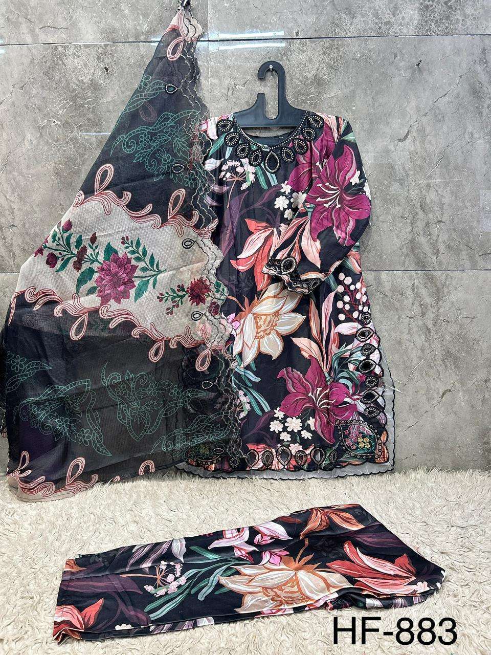 HOOR TEX HF 883 SATIN DIGITAL PRINT WITH FANCY WORK READY MADE PAKISTANI SUIT