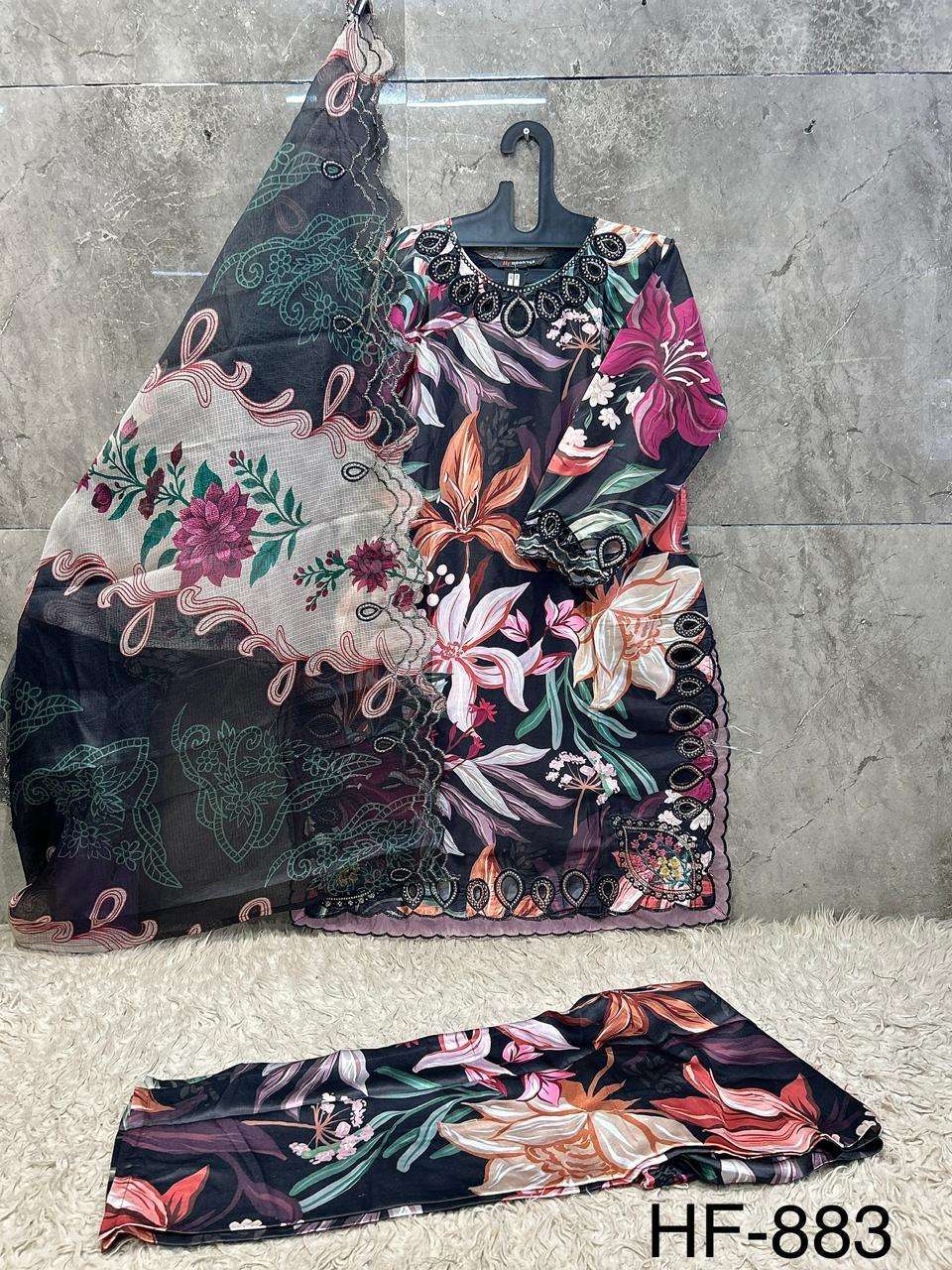 HOOR TEX HF 883 SATIN DIGITAL PRINT WITH FANCY WORK READY MADE PAKISTANI SUIT