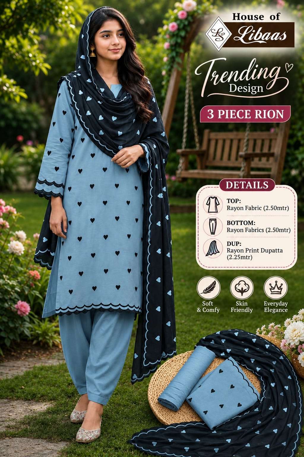 HOUSE OF LIBAS TRENDING DESIGN RAYON PRINT FANCY WORK LADIES SUIT