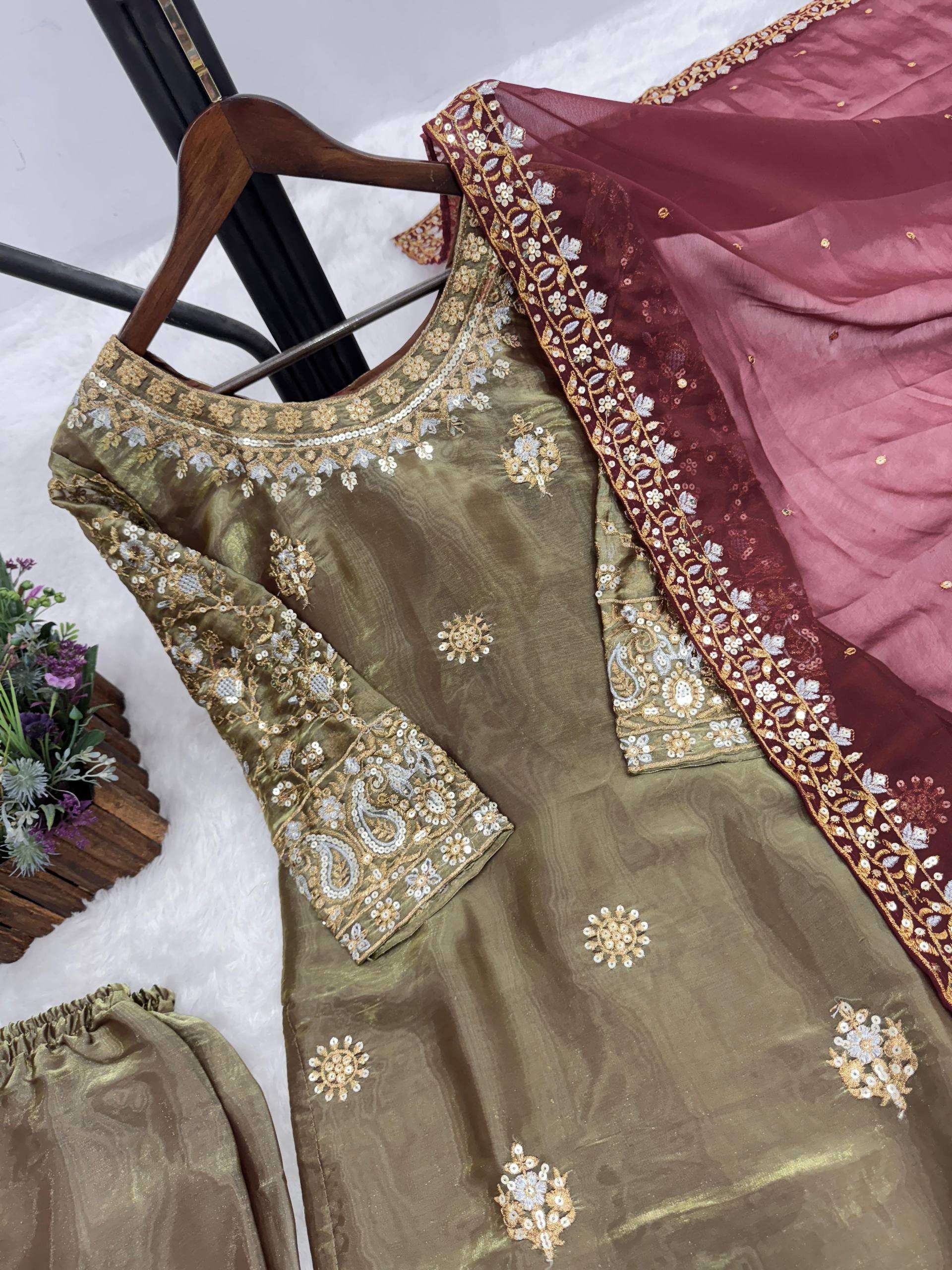 JD 516 SILK EMBROIDERY DESIGNER WORK  3 PIECE FANCY KURTI WITH BEAUTIFUL BOTTOM AND DUPATTA SET