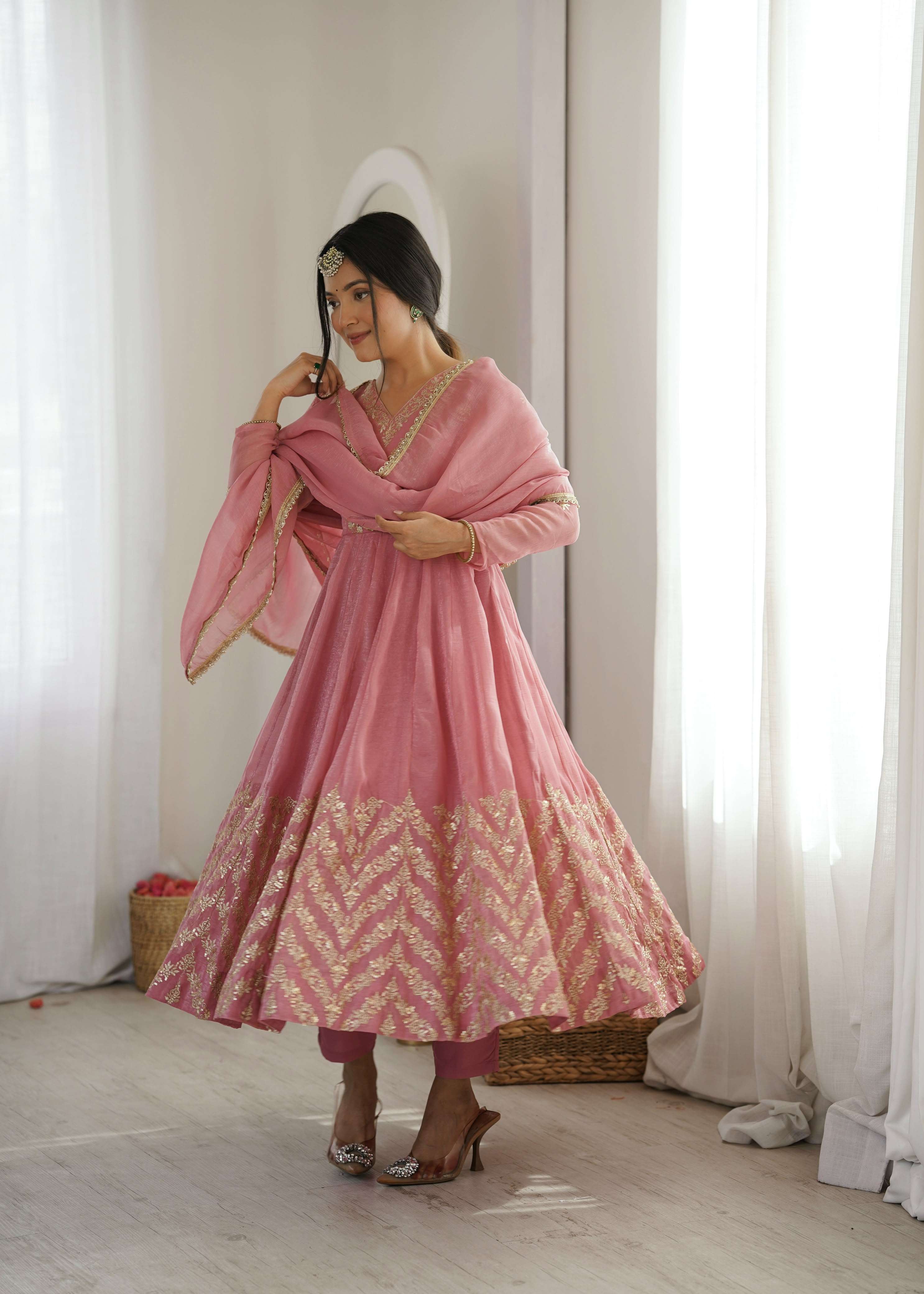JF 050 SILK BEAUTIFUL DESIGNER LOOK ANARKALI STYLE GOWN PANT WITH DUPATTA SET 