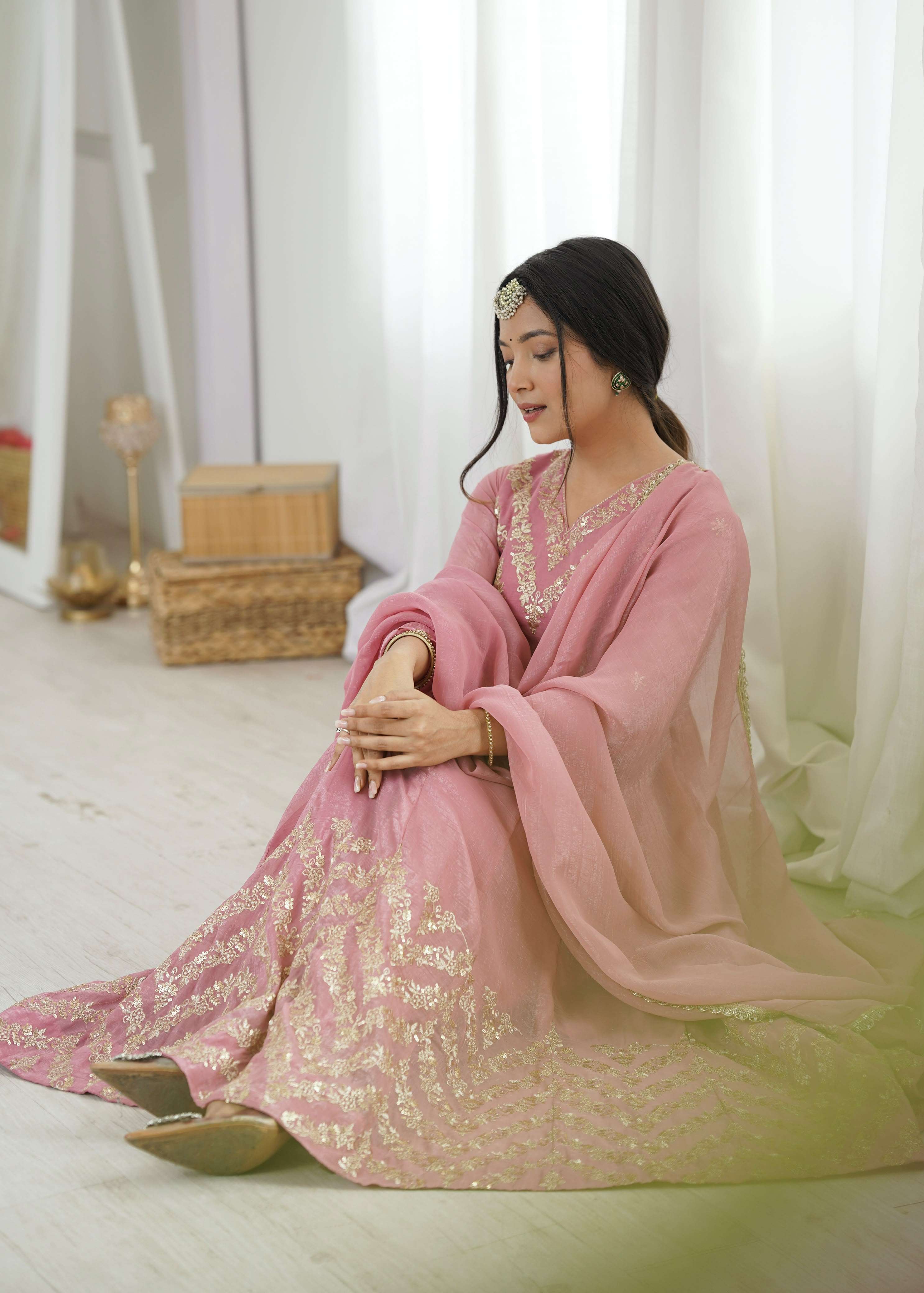 JF 050 SILK BEAUTIFUL DESIGNER LOOK ANARKALI STYLE GOWN PANT WITH DUPATTA SET 