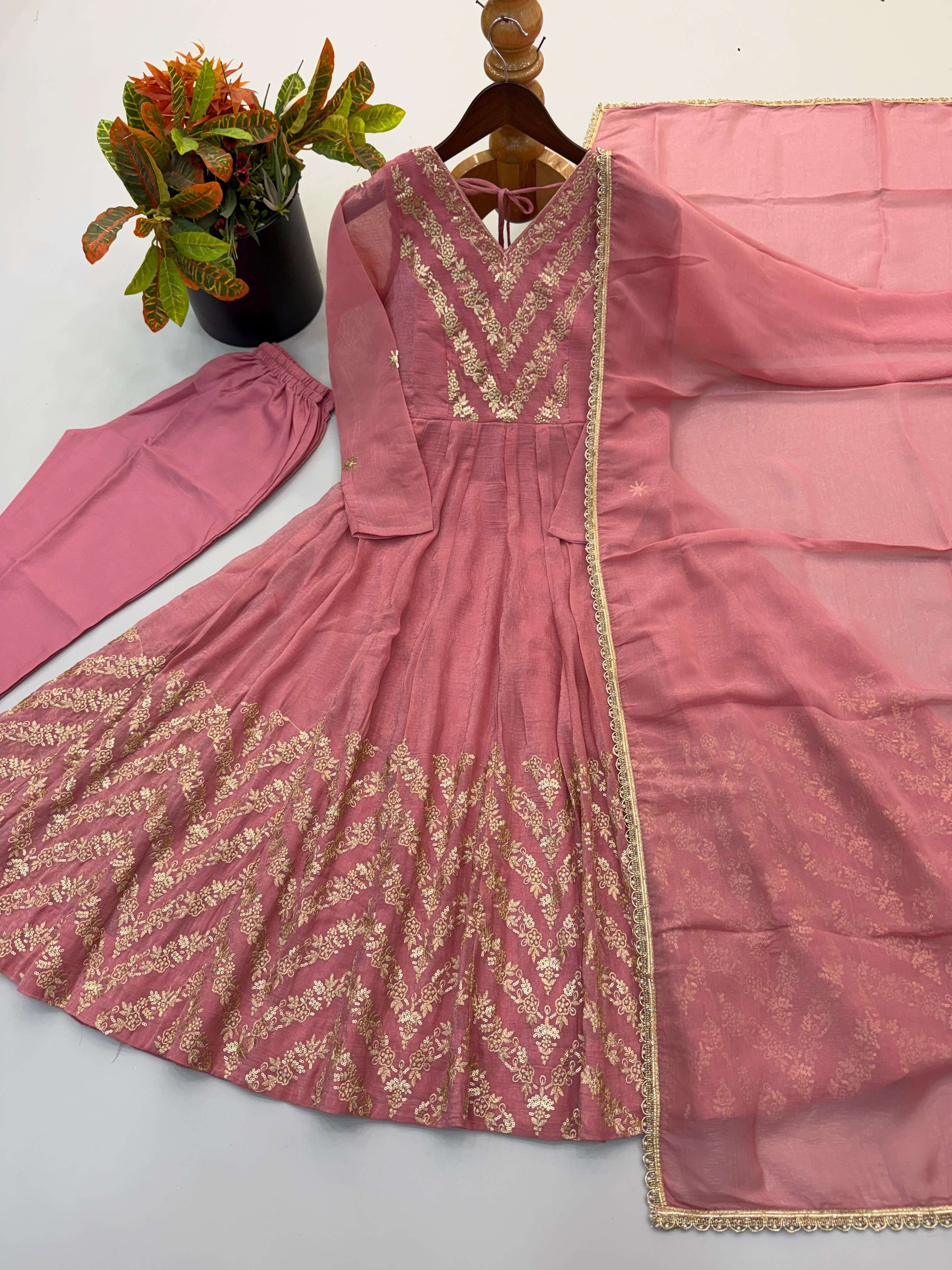 JF 050 SILK BEAUTIFUL DESIGNER LOOK ANARKALI STYLE GOWN PANT WITH DUPATTA SET 