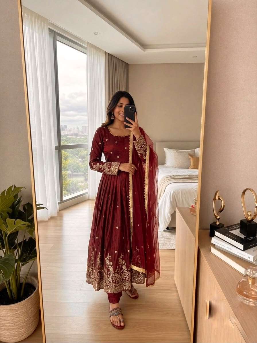JF 051 MAROON SILK BEAUTIFUL DESIGNER LOOK PARTY WEAR ANARKALI GOWN STYLE SUIT