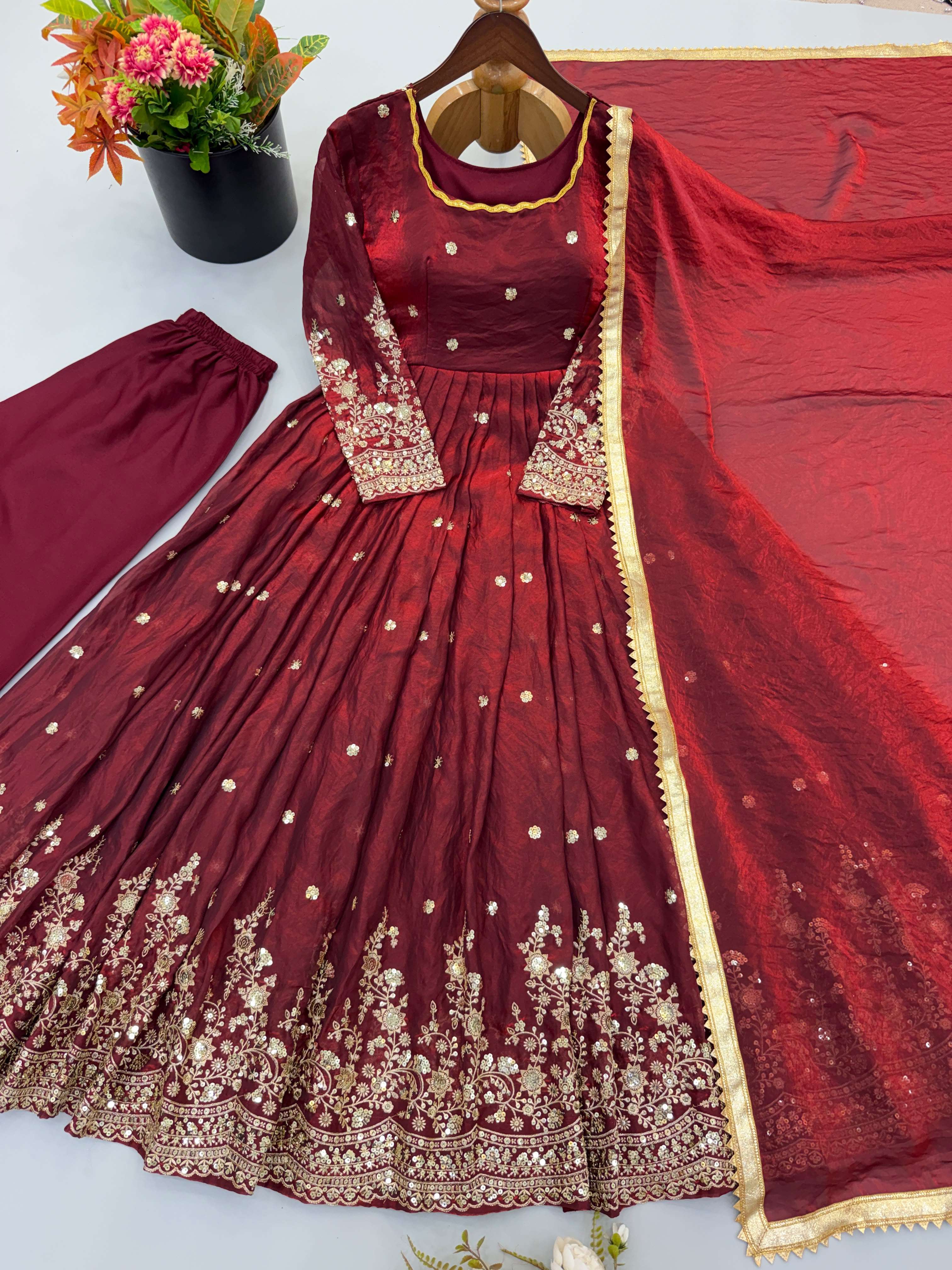 JF 051 MAROON SILK BEAUTIFUL DESIGNER LOOK PARTY WEAR ANARKALI GOWN STYLE SUIT