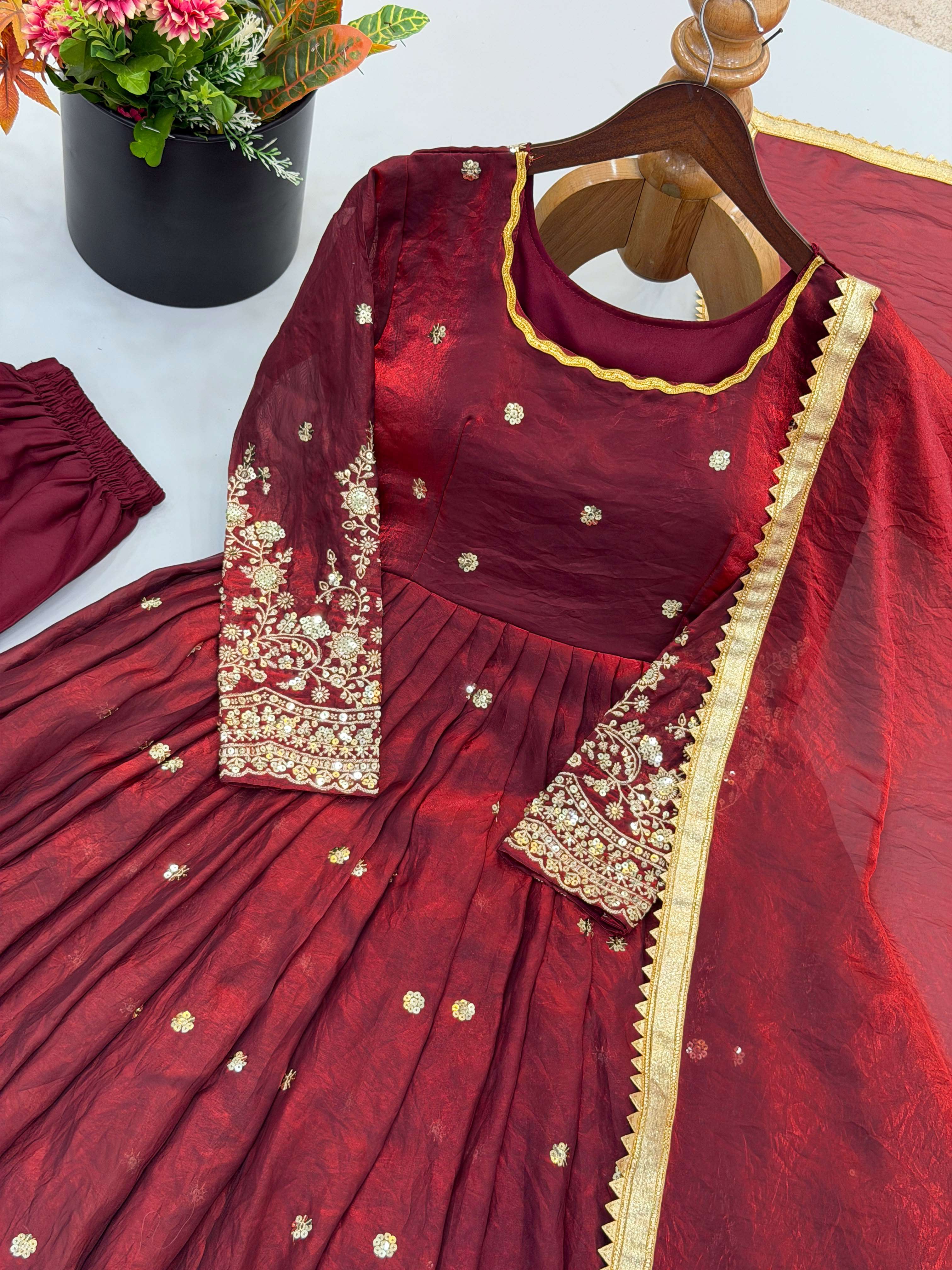 JF 051 MAROON SILK BEAUTIFUL DESIGNER LOOK PARTY WEAR ANARKALI GOWN STYLE SUIT