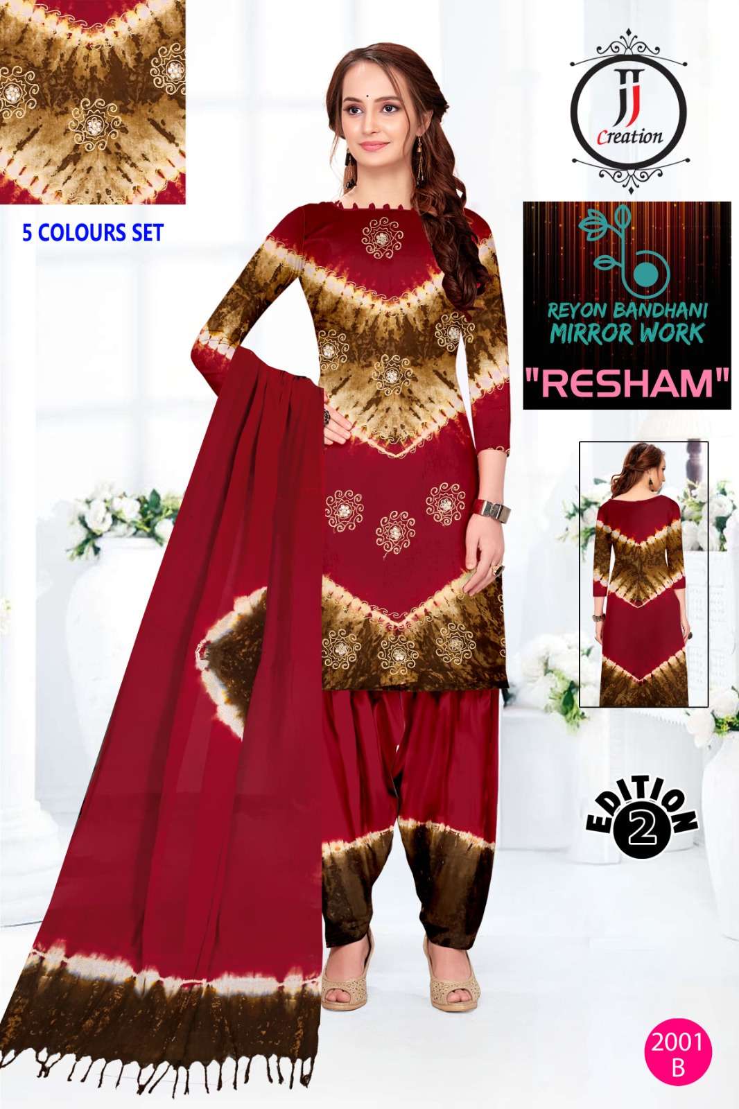 JJ CREATION RESHAM EDITION VOL 2 RAYON BANDHANI STYLE WORK SUIT