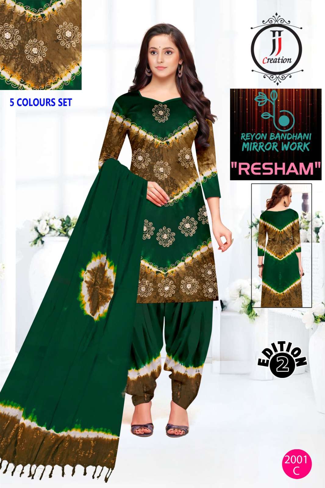 JJ CREATION RESHAM EDITION VOL 2 RAYON BANDHANI STYLE WORK SUIT