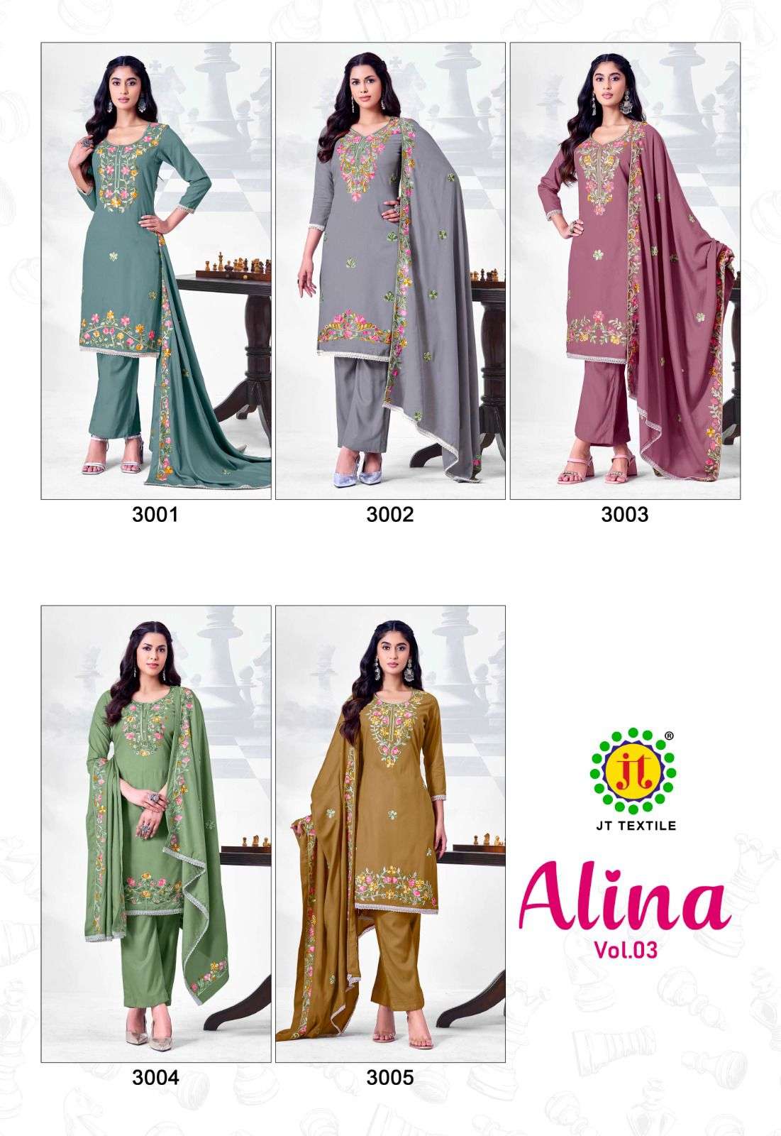 JT ALINA VOL 3 RAYON FANCY WORKS LADIES SALWAR SUIT