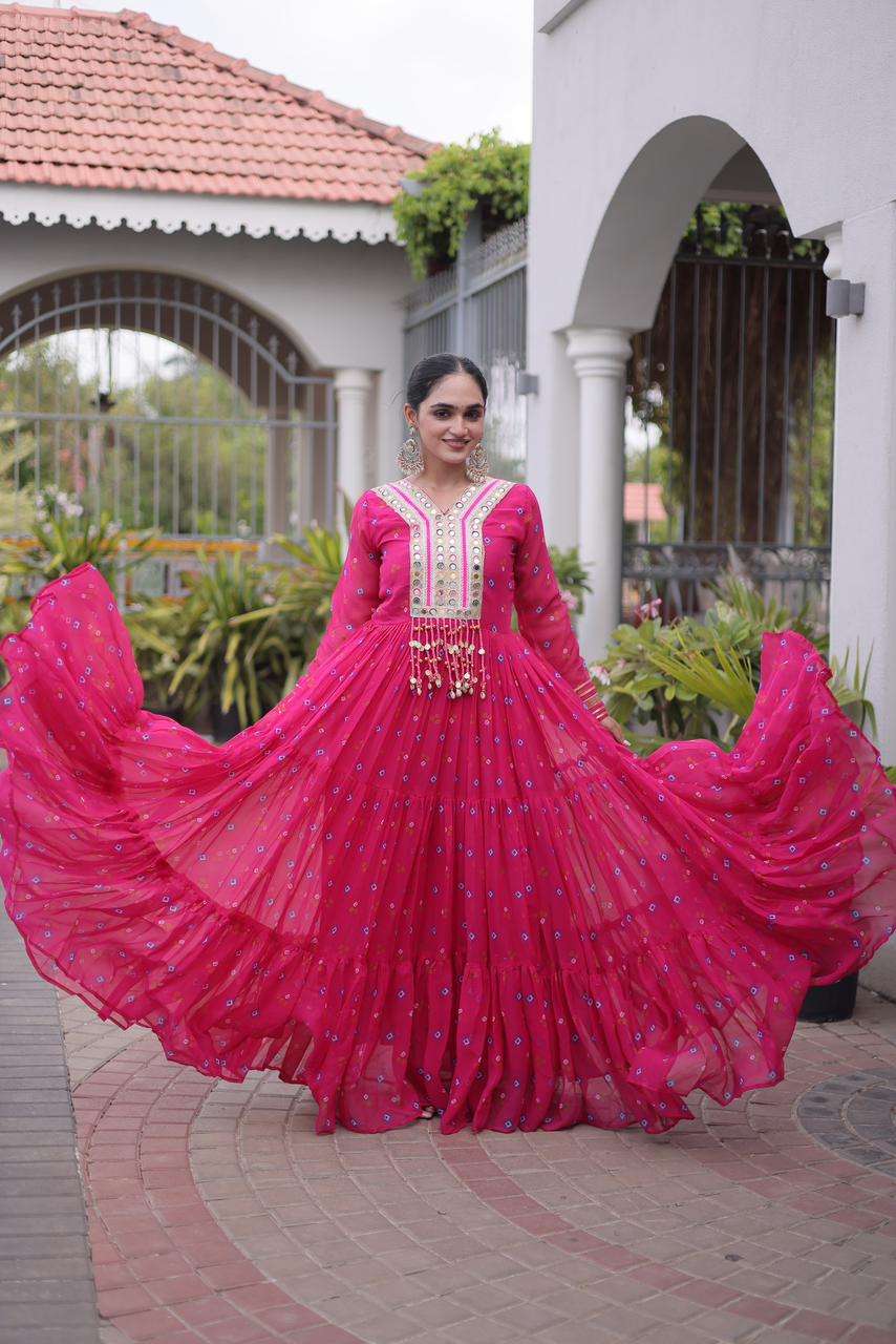 KA 1265 GEORGETTE LAHERIYA PRINT KUTCHHI WORK FESTIVE WEAR GOWN