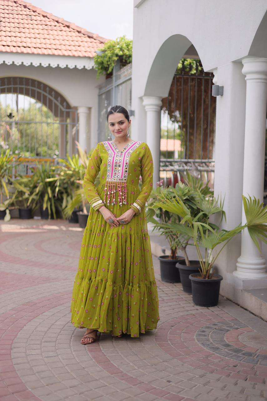 KA 1265 GEORGETTE LAHERIYA PRINT KUTCHHI WORK FESTIVE WEAR GOWN