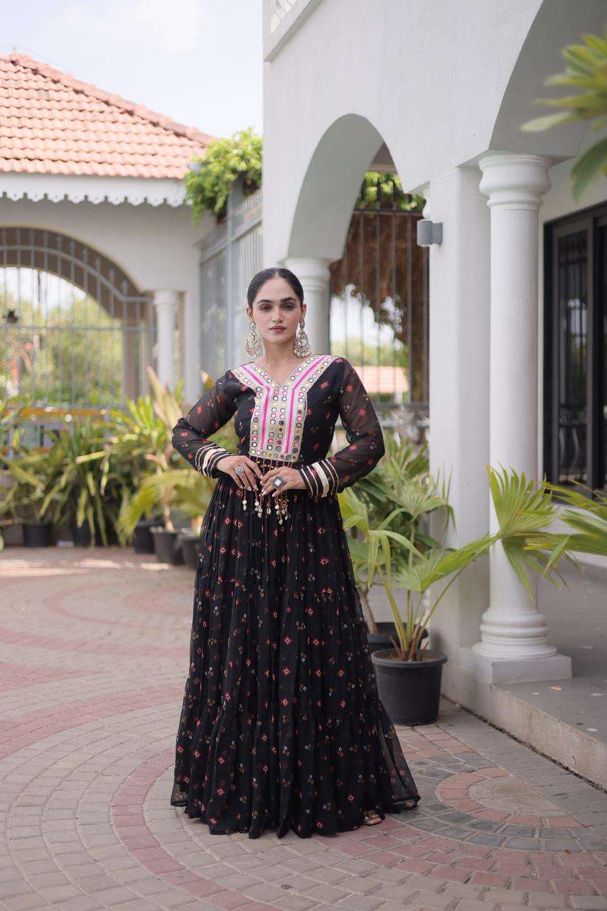 KA 1265 GEORGETTE LAHERIYA PRINT KUTCHHI WORK FESTIVE WEAR GOWN