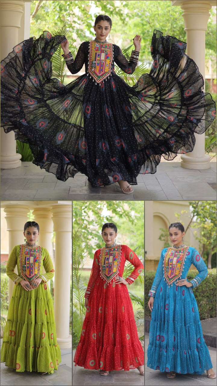 KA 1267 BANDHANI PRINT DESIGNER WORK LADIES NAVRATRI WEAR GOWN