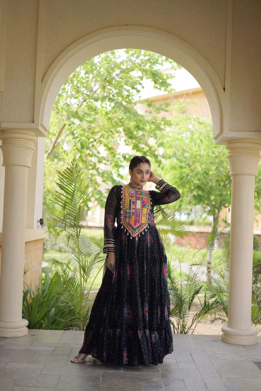 KA 1267 BANDHANI PRINT DESIGNER WORK LADIES NAVRATRI WEAR GOWN