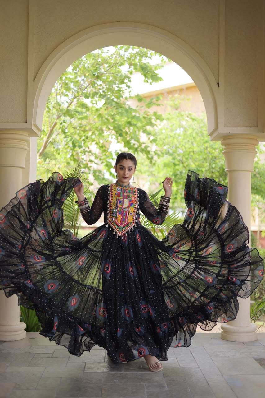KA 1267 BANDHANI PRINT DESIGNER WORK LADIES NAVRATRI WEAR GOWN