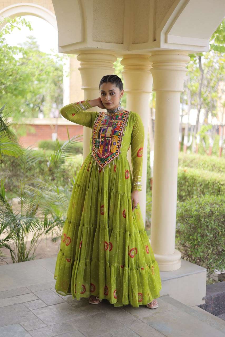 KA 1267 BANDHANI PRINT DESIGNER WORK LADIES NAVRATRI WEAR GOWN