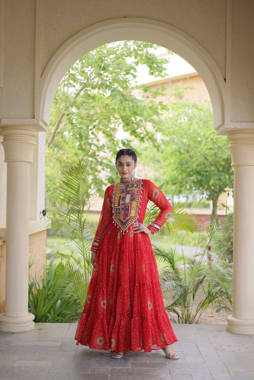 KA 1267 BANDHANI PRINT DESIGNER WORK LADIES NAVRATRI WEAR GOWN