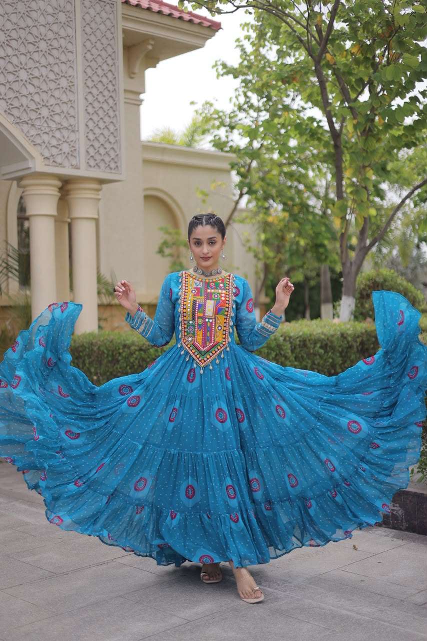 KA 1267 BANDHANI PRINT DESIGNER WORK LADIES NAVRATRI WEAR GOWN