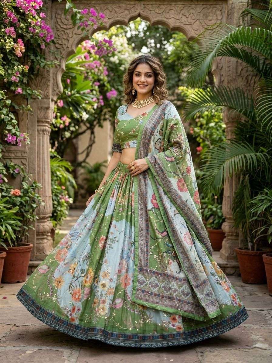 KA 5072 SILK DIGITAL PRINT WITH EMBROIDERY DESIGNER WORK FESTIVE WEAR LEHENGA CHOLI 