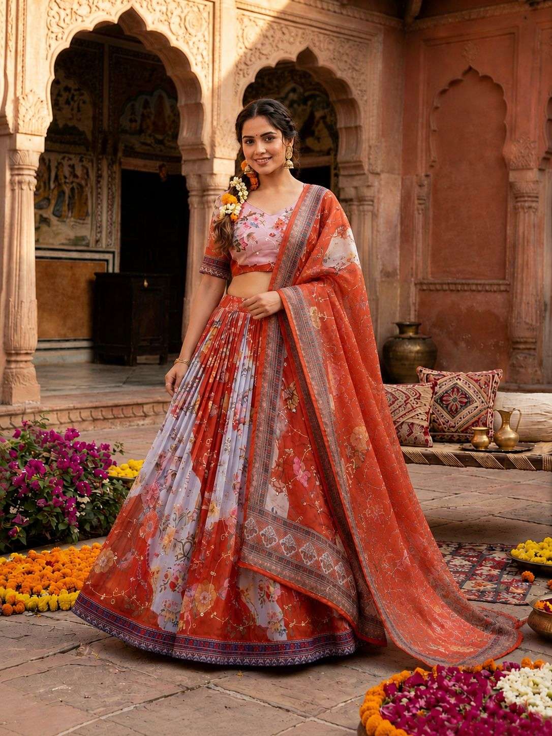 KA 5072 SILK DIGITAL PRINT WITH EMBROIDERY DESIGNER WORK FESTIVE WEAR LEHENGA CHOLI 