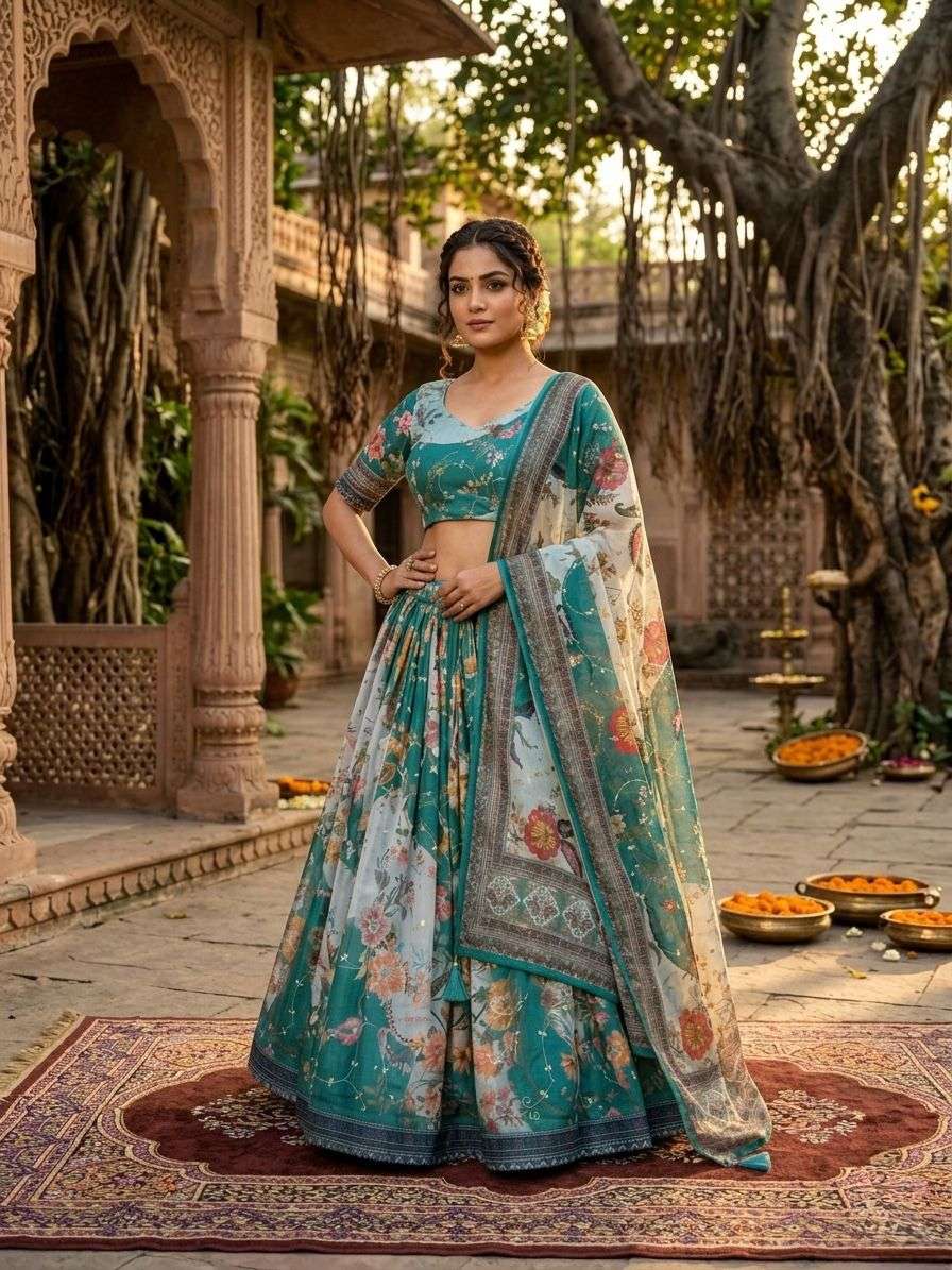 KA 5072 SILK DIGITAL PRINT WITH EMBROIDERY DESIGNER WORK FESTIVE WEAR LEHENGA CHOLI 