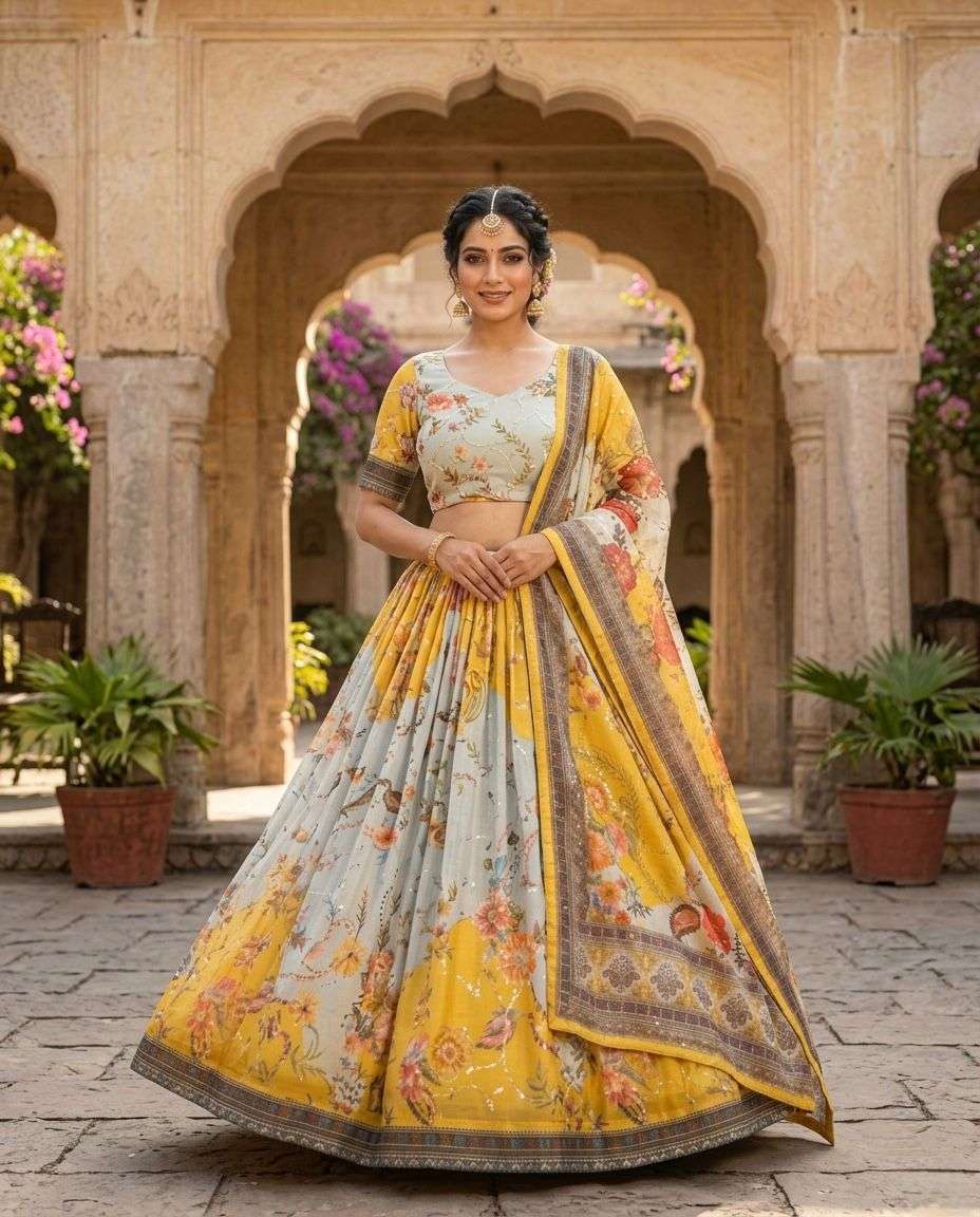 KA 5072 SILK DIGITAL PRINT WITH EMBROIDERY DESIGNER WORK FESTIVE WEAR LEHENGA CHOLI 