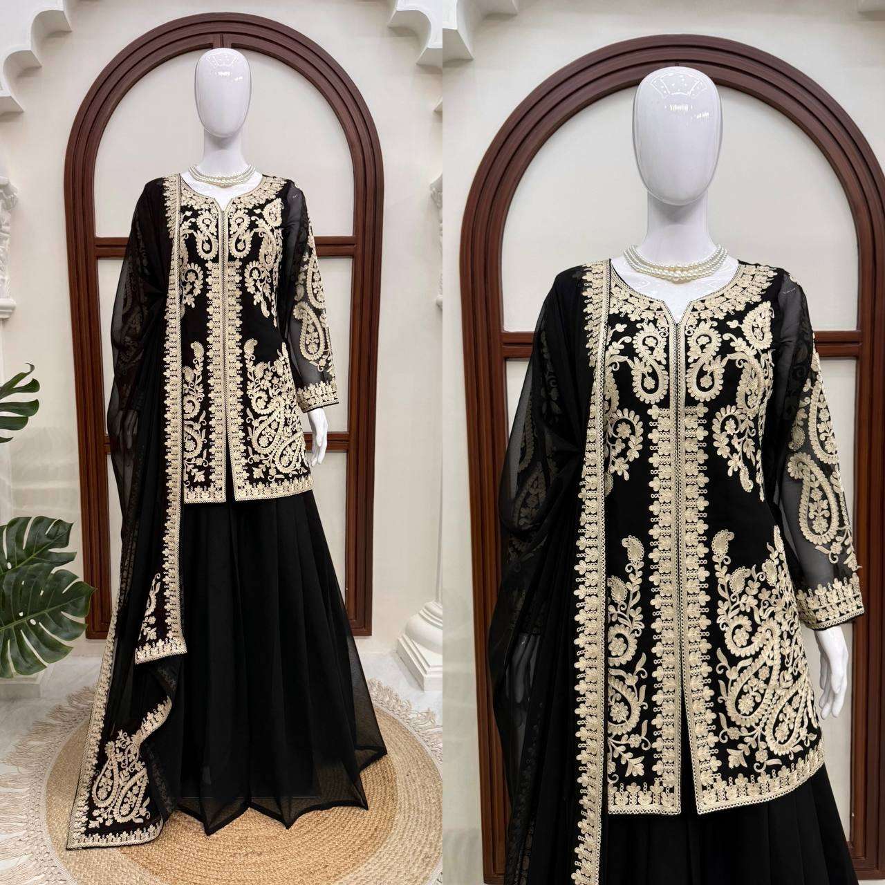 KD 1631 GEORGETTE HEAVY DESIGNER PARTY WEAR LADIES TOP PLAZZO AND DUPATTA SET 