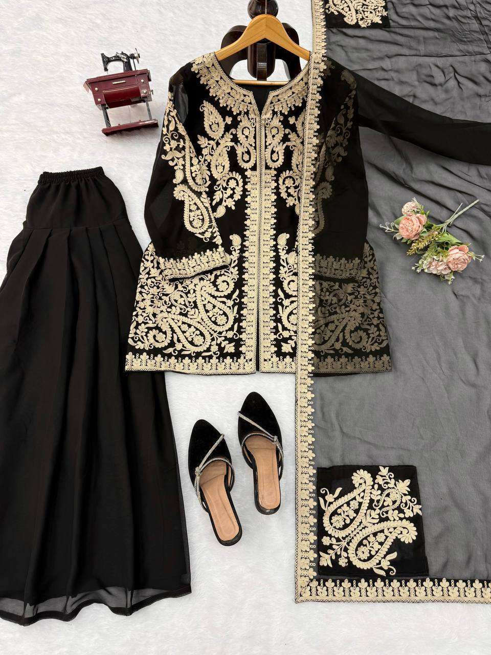 KD 1631 GEORGETTE HEAVY DESIGNER PARTY WEAR LADIES TOP PLAZZO AND DUPATTA SET 