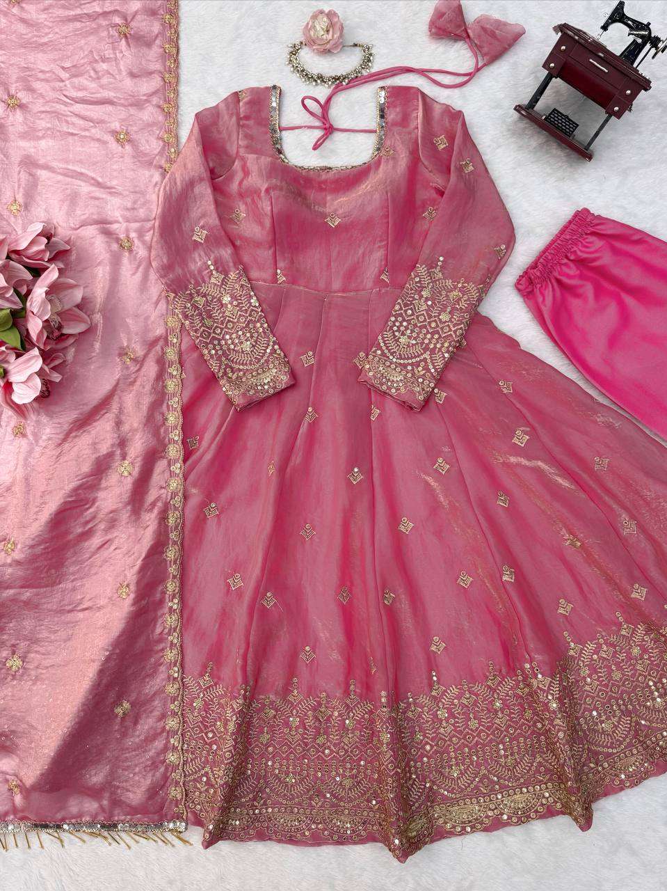 KD 1633 SILK DESIGNER WORK WEDDING WEAR LONG GOWN WITH PENT AND DUPATTA SET 