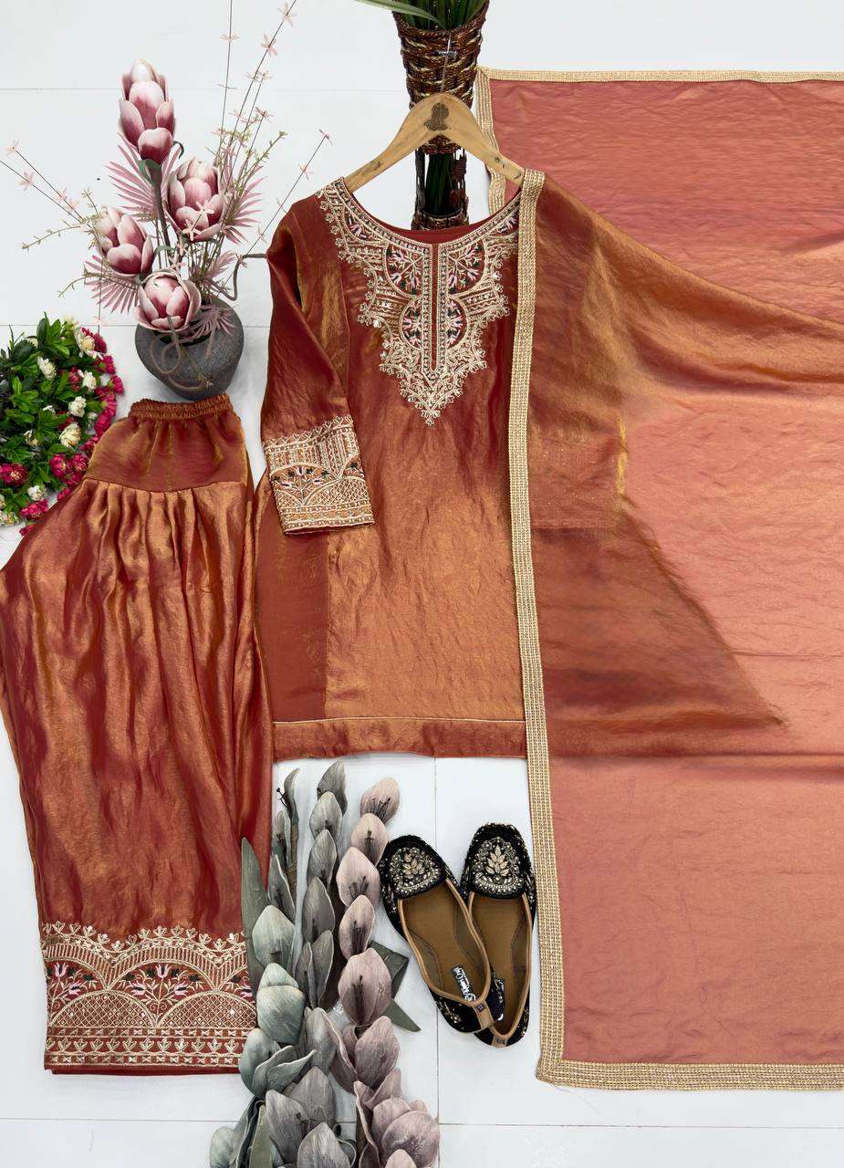 KF 1728 SILK SEQUENCE EMBROIDERY DESIGNER WORK FANCY TOP PALAZZO DUPATTA SET