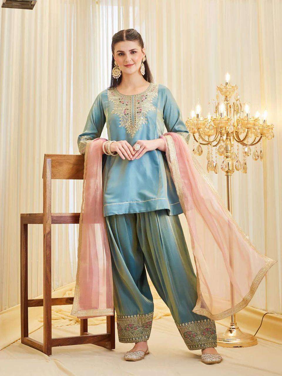 KF 1728 SILK SEQUENCE EMBROIDERY DESIGNER WORK FANCY TOP PALAZZO DUPATTA SET