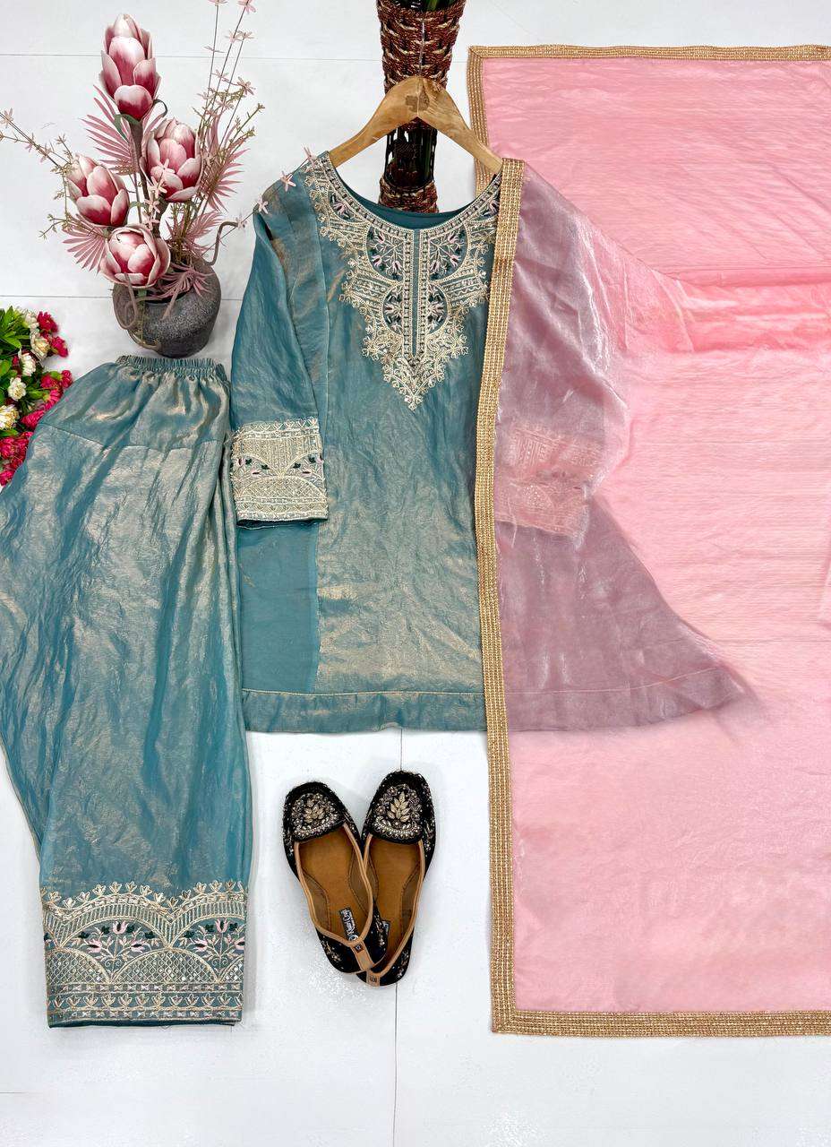 KF 1728 SILK SEQUENCE EMBROIDERY DESIGNER WORK FANCY TOP PALAZZO DUPATTA SET