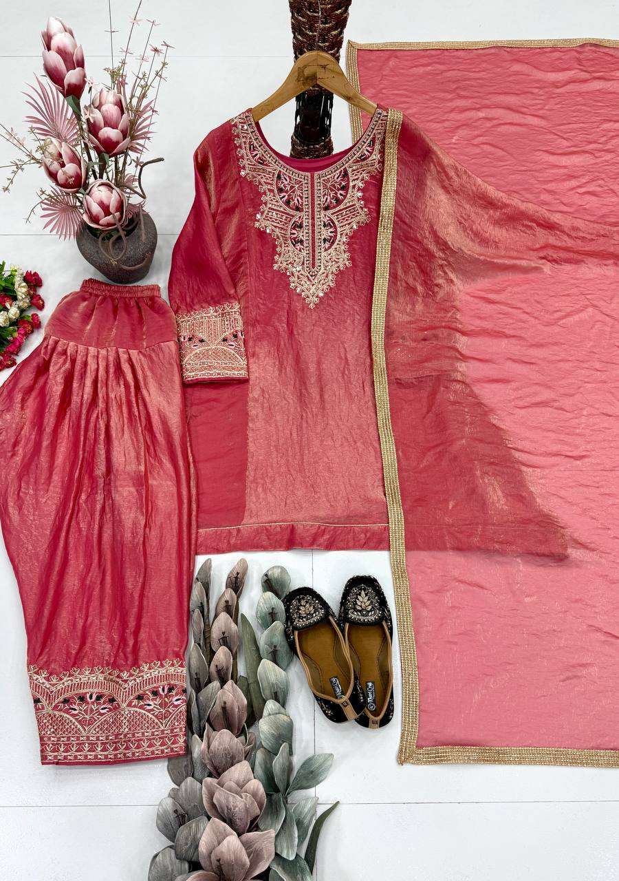 KF 1728 SILK SEQUENCE EMBROIDERY DESIGNER WORK FANCY TOP PALAZZO DUPATTA SET