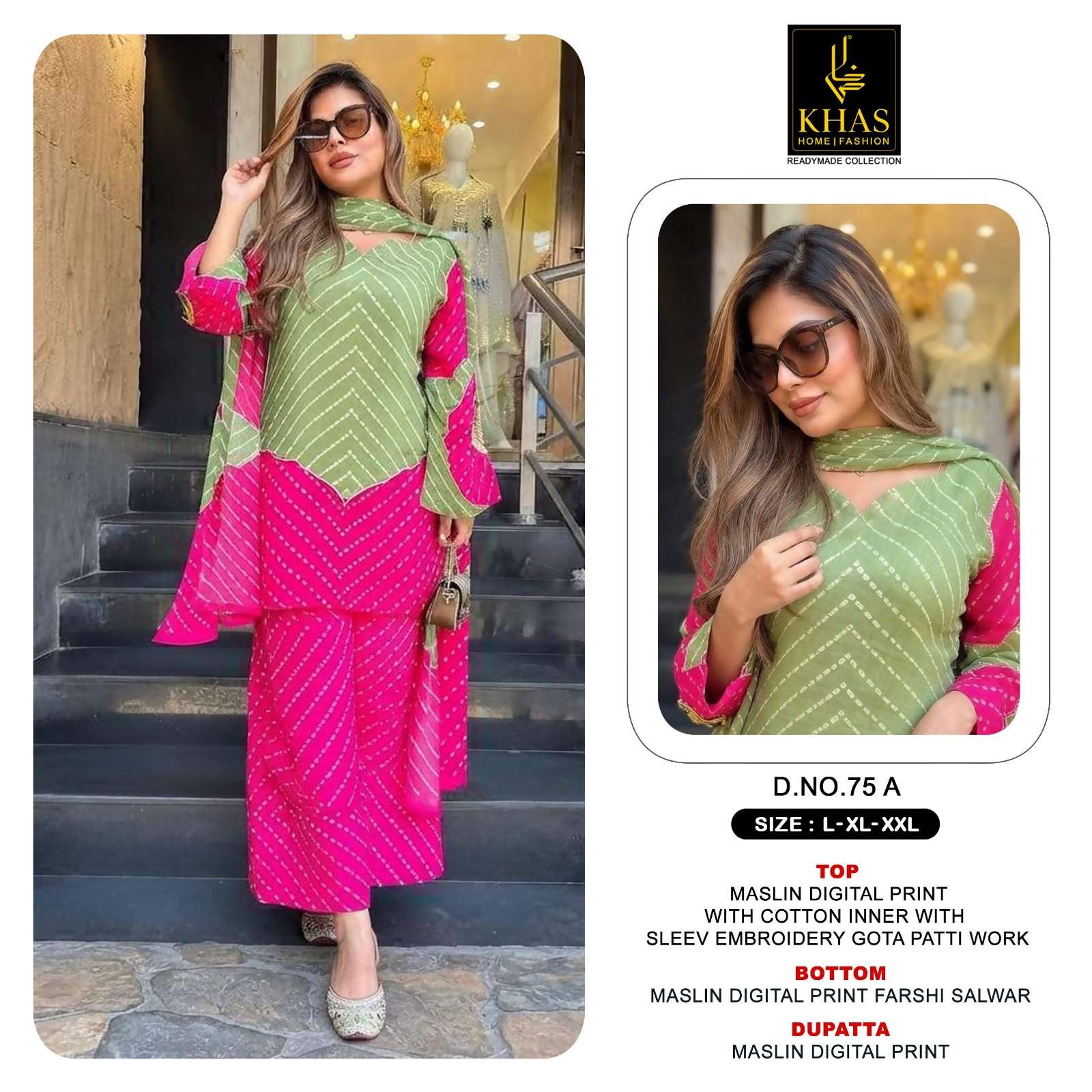 KHAS FASHION D NO 75 MUSLIN DIGITAL PRINT WITH FANCY DESIGNER WORK READY MADE SUIT