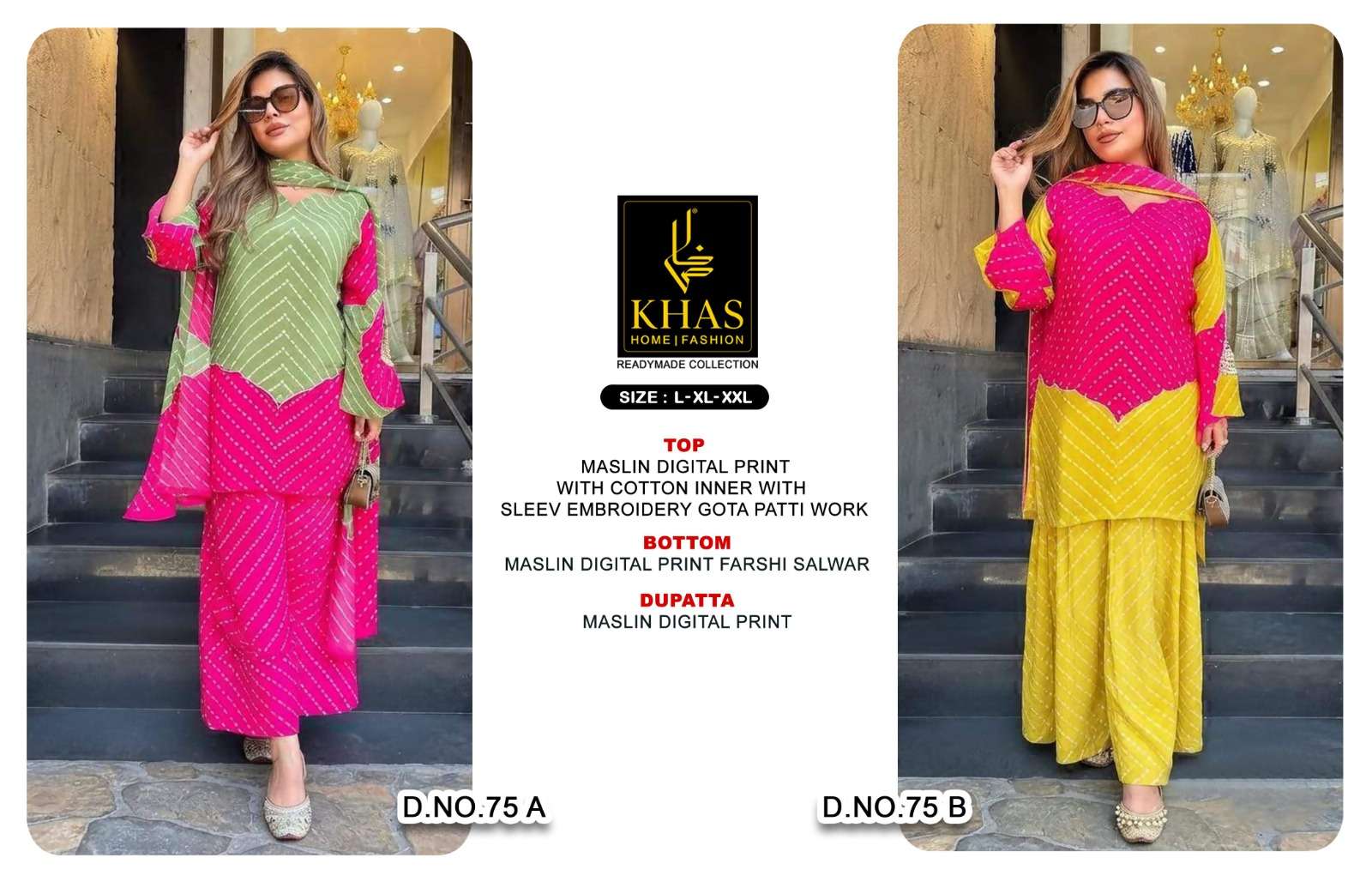 KHAS FASHION D NO 75 MUSLIN DIGITAL PRINT WITH FANCY DESIGNER WORK READY MADE SUIT
