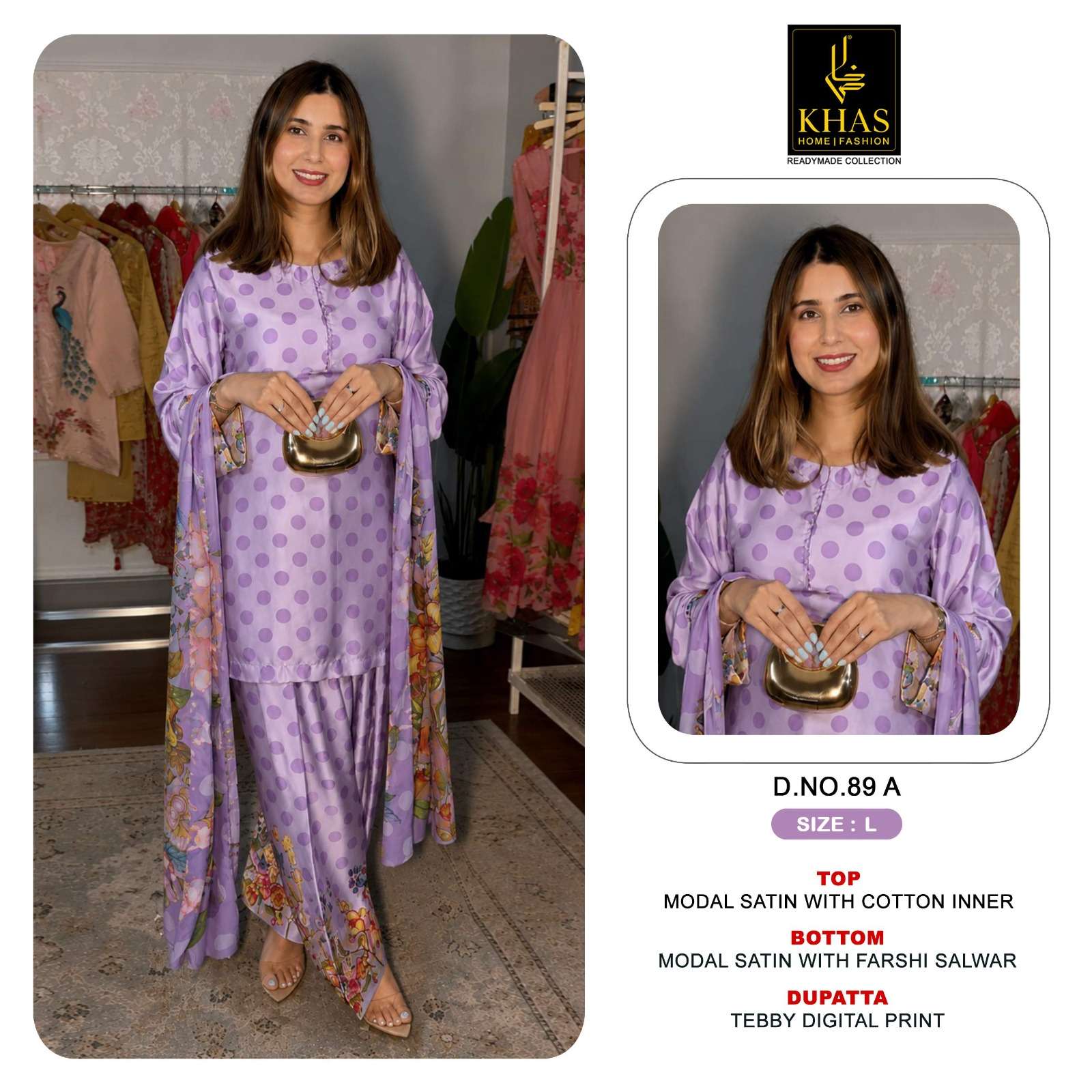 KHAS FASHION D NO 89 SATIN FANCY DESIGNER WORK READY MADE PAKISTANI SUIT
