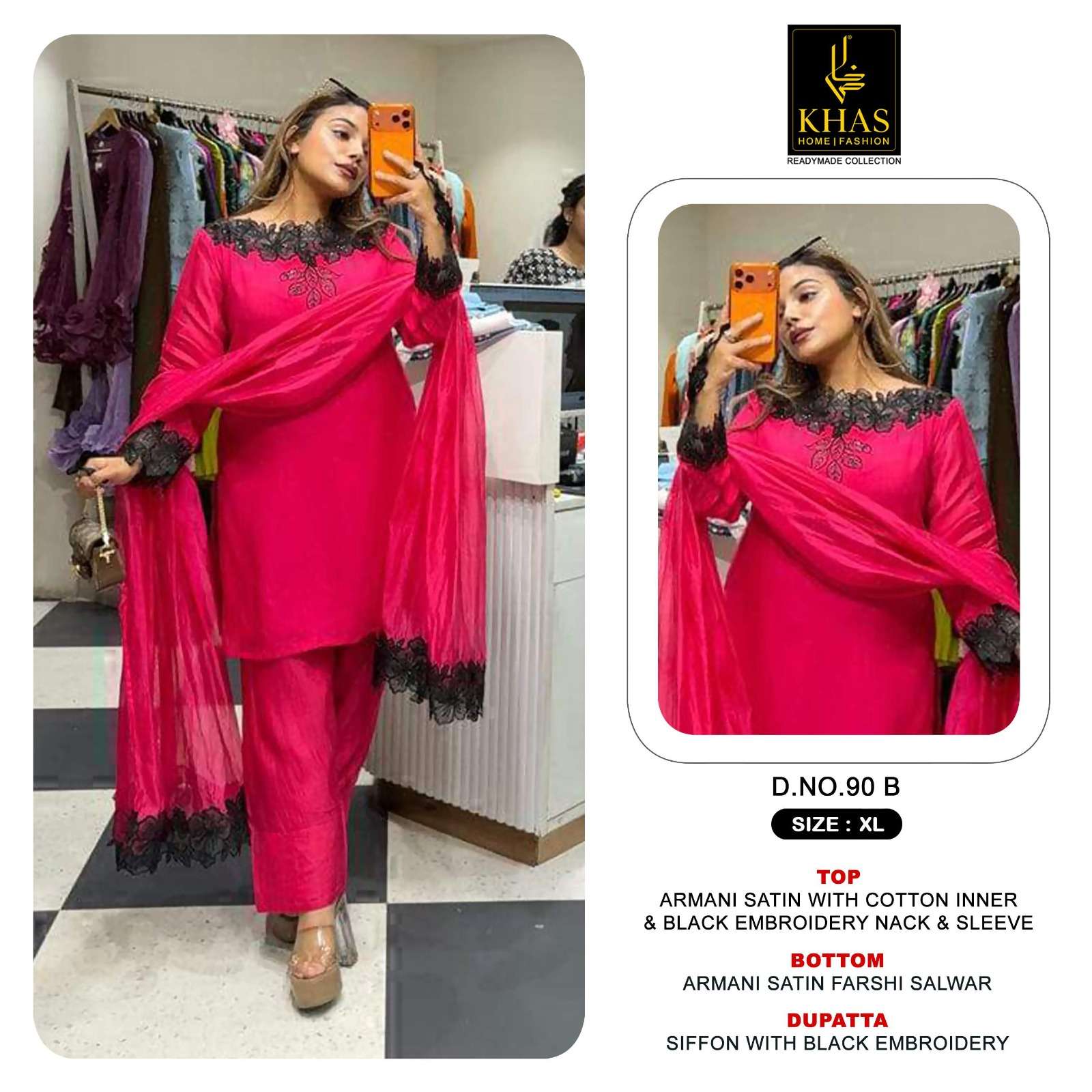 KHAS FASHION D NO 90 SATIN BEAUTIFUL DESIGNER LOOK READY MADE PAKISTANI SUIT