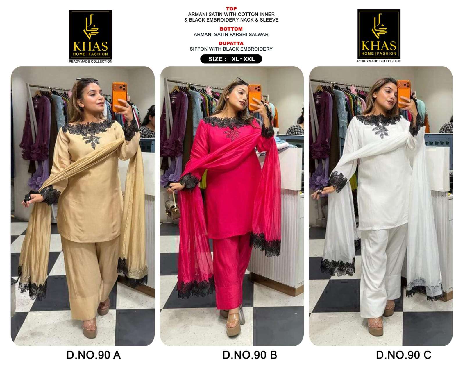 KHAS FASHION D NO 90 SATIN BEAUTIFUL DESIGNER LOOK READY MADE PAKISTANI SUIT