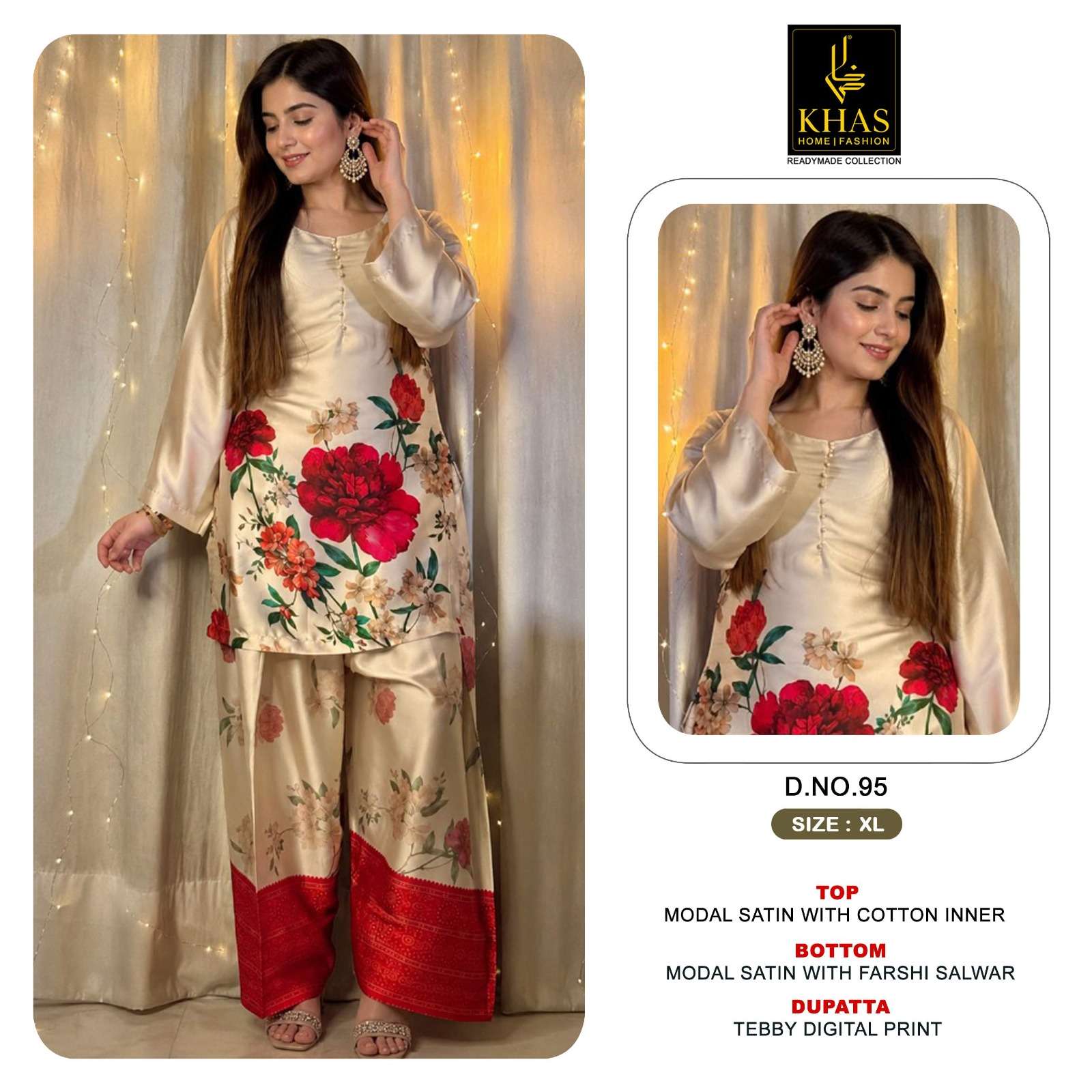 KHAS FASHION D NO 96  MODAL SATIN DESIGNER WORK READY MADE PAKISTANI SUIT