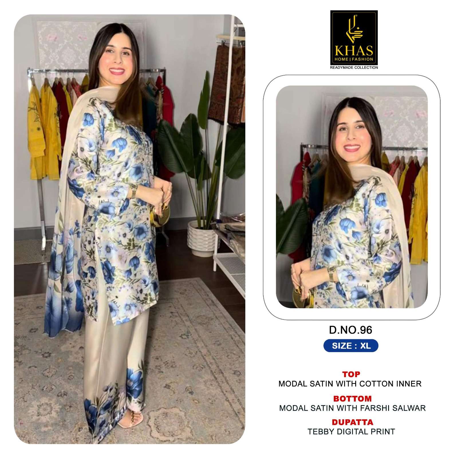 KHAS FASHION D NO 96  MODAL SATIN DESIGNER WORK READY MADE PAKISTANI SUIT