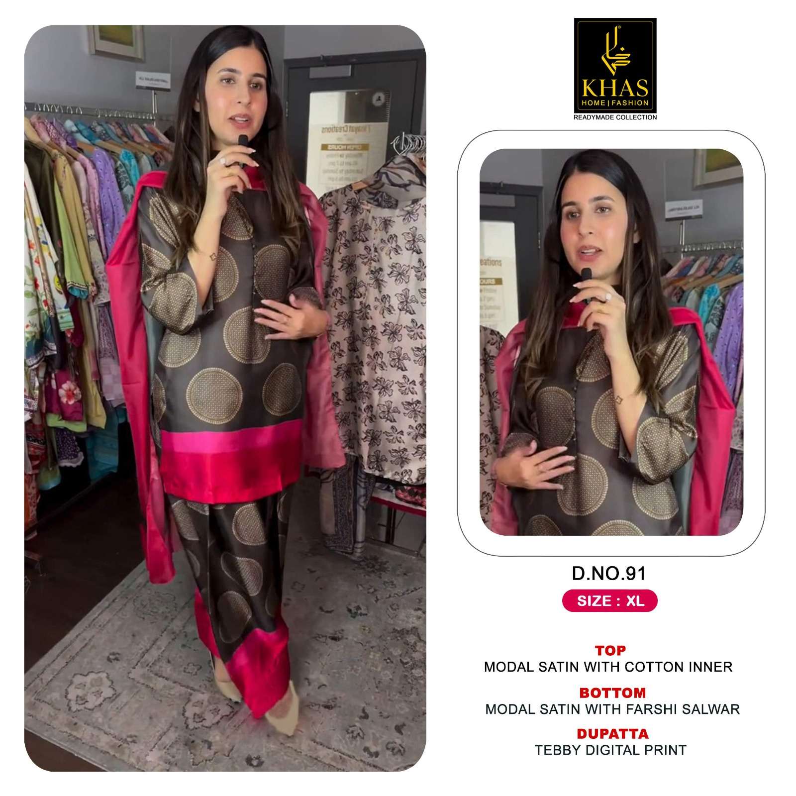 KHAS FASHION D NO 96  MODAL SATIN DESIGNER WORK READY MADE PAKISTANI SUIT